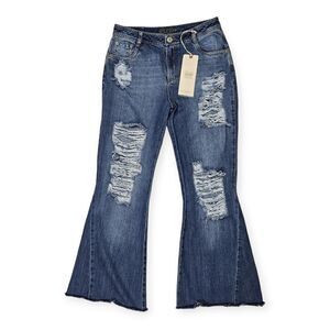 Studio F Med Rise Distressed Wide Leg Flare Denim Jeans Women's‎ Size 8